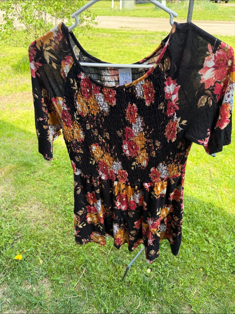Time and Tru Black Floral Smocked Peplum Blouse with Red and Mustard Accents